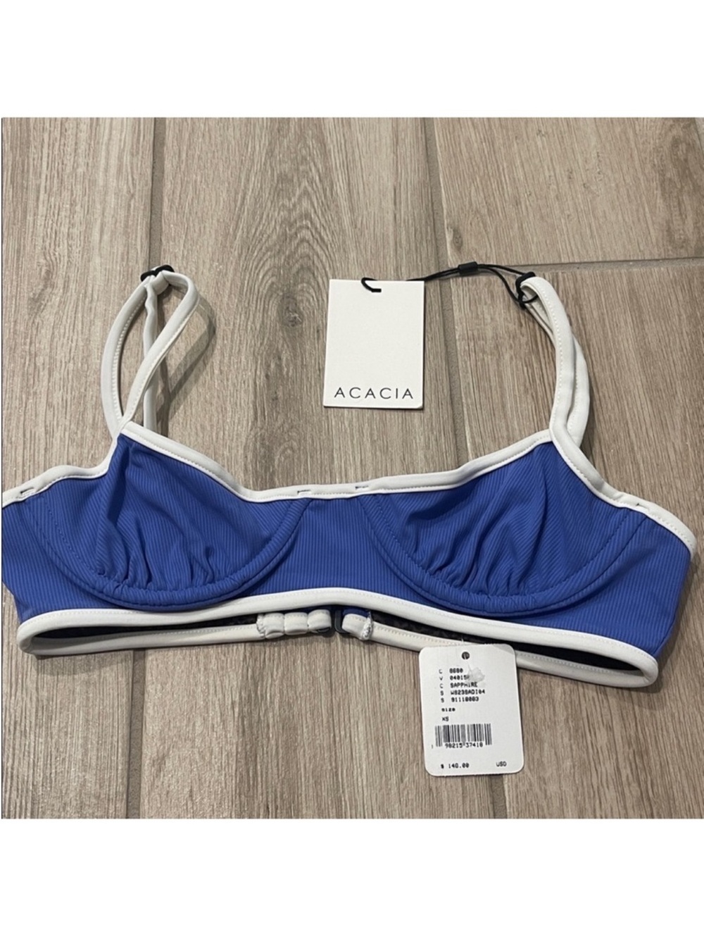 NWT Acacia Free People Sadie Piped Surf Ribbed Bikini Top Sapphire Blue Sz P/XS